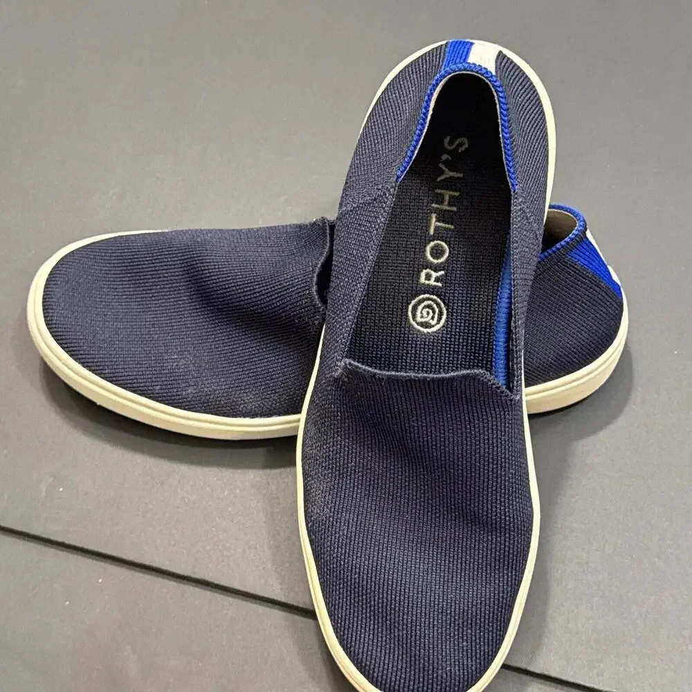 Rothys Navy Blue Classic Slide Sneakers Preppy‎ Quiet Luxury Designer 7.5 Women